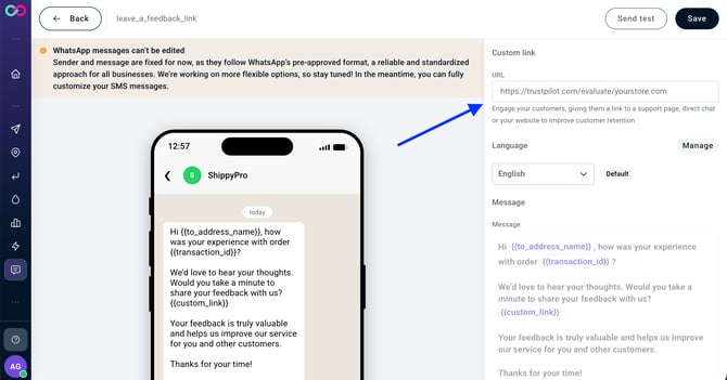 trustpilot link in Whatsapp template