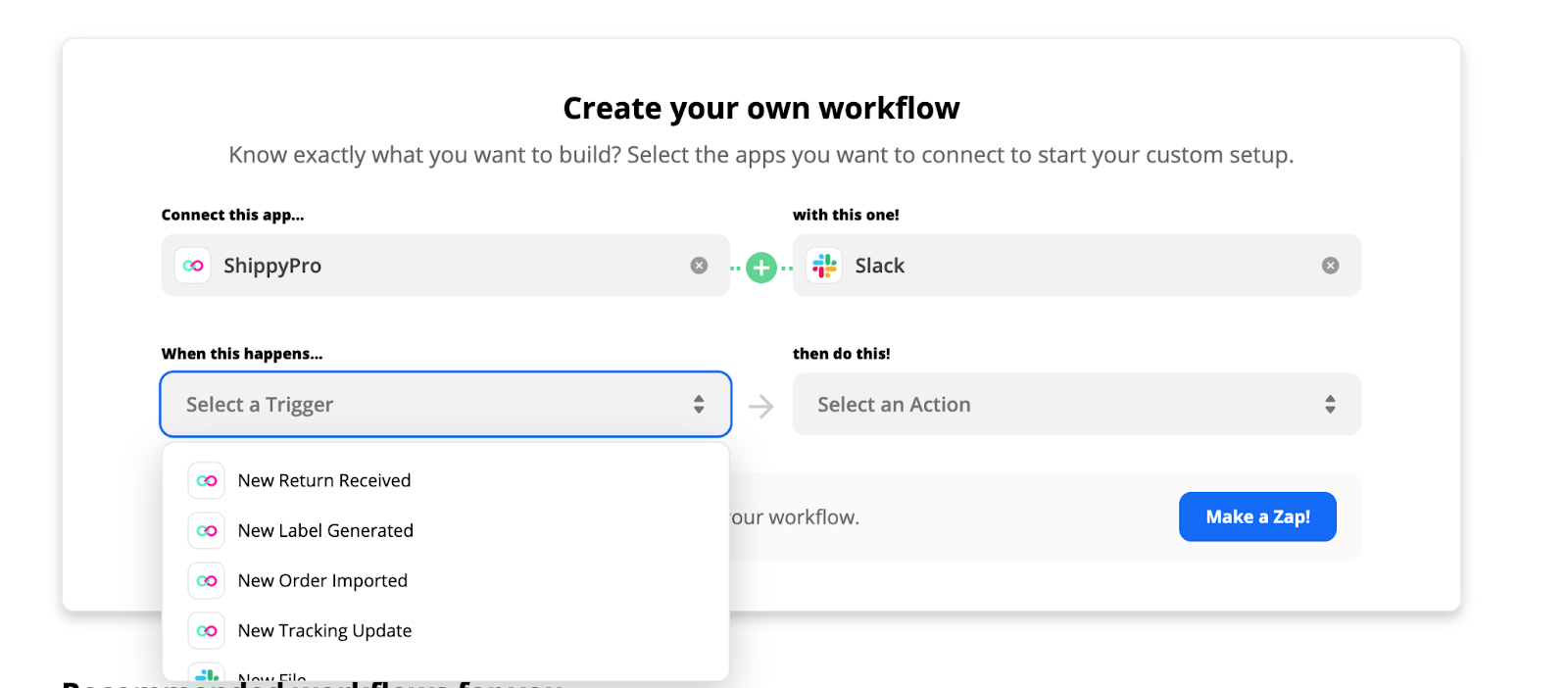 Choose a trigger and an action for your Zapier workflow (ShippyPro + Slack)